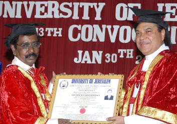 Dr. Vijay Benedict, International Gospel Singer was awarded Doctorate Degree by University of Jerusalem