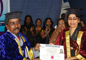 Pastor Dr. Jayshree Peter Silway Vineyard Workers’ Church were awarded Doctorate Degree by University of Jerusalem